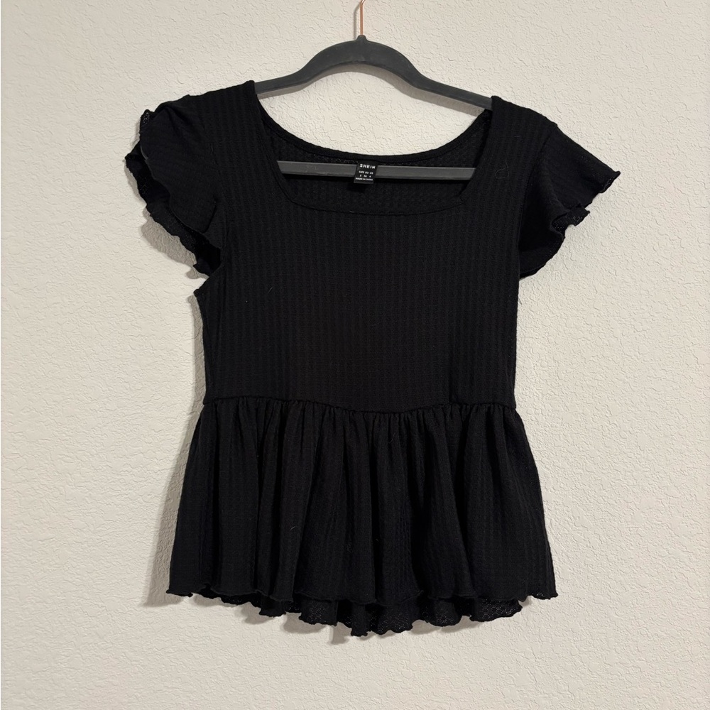 SHEIN Black Flutter Sleeve Peplum Blouse